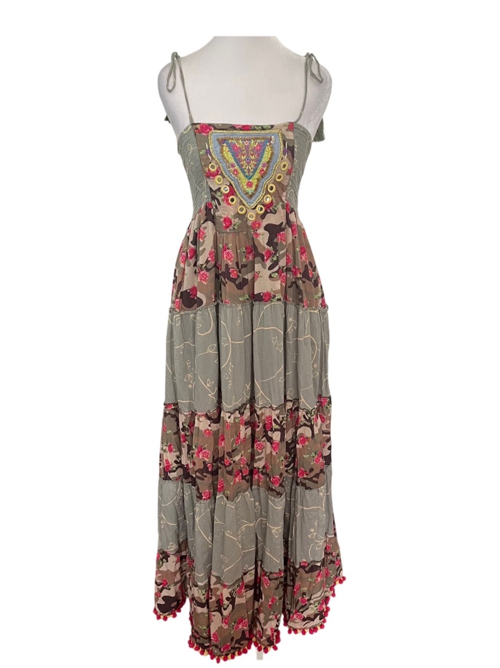 Boston Proper Bohemian Tiered Maxi Dress Embroidered - Olive & Pink Camo